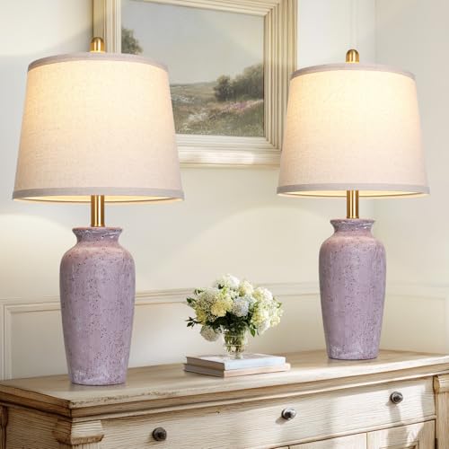 Cinsary 24.5Farmhouse Jar Ceramic Table Lamps Set of 2 Vintage Rustic Bedside Nightstand Lamps with 2 LED Bulbs Purple Farmhouse Table Lamps for Living Room End Table Bedroom Country Cottage Decor