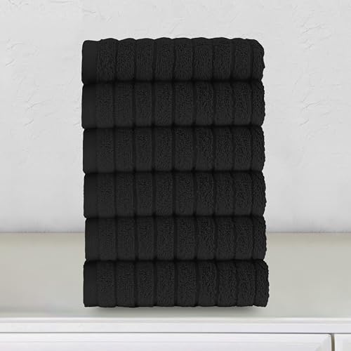 Image of Elegant Comfort 100% Turkish Cotton Corduroy Ribbed Luxury Washcloths 6 Pack Soft 13 x 13 Inch - Higly Absorbent, Durable, Quick Dry, Spa Premium Hotel Quality for Bathroom or Travel, Black
