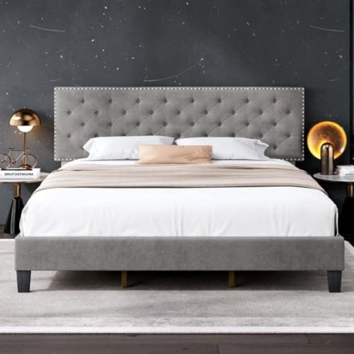 Image of Julius Upholstered Bed King Size Without Storage Solid Sheesham Wood | Modern Premium Fabric Upholstery Cushion Headboard | King Bed for Bedroom Wooden Double Bed Cot 78x72 Inch King
