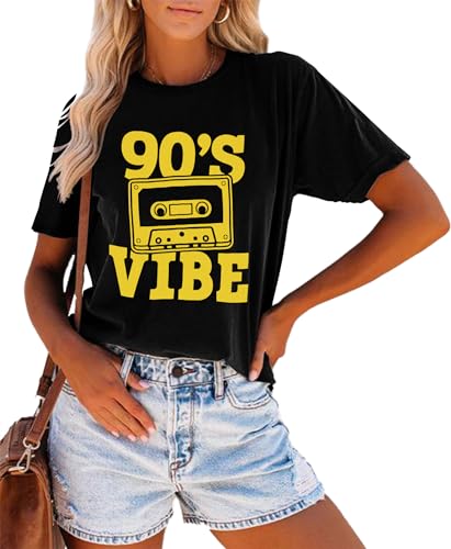90s Shirt for Women Back to The 90's Tshirt Vintage 1990s Theme Party Shirts Retro Casual Loose Tee Top Black