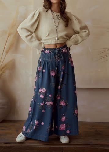 yoeasy Womens Casual Wide Leg Jeans Elastic Drawstring Boho Floral Pleated Denim Pants Y2k Baggy Boyfriend Jeans3