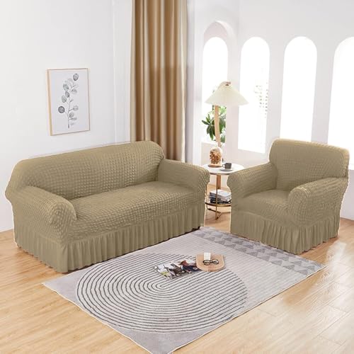 Image of Lukzer 320 GSM Stretchable 5 Seater Turkish Sofa Cover Universal Couch Protector Bubble Fabric with Frill Universal Big Elasticity Slipcover (Sand Beige /SC-101-05)