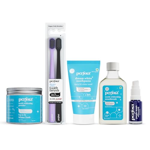 Image of Perfora Ultimate Teeth Whitening Combo - Purple Magic Whitening Serum, Dream White Toothpaste, Alcohol Free Mint flavoured Mouthwash, Triple Mint Teeth Whitening Powder & Pack of 2 Toothbrushes