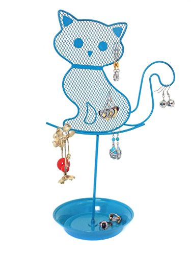 Bucasi Cute Cat Jewelry Organizer – Blue Earring Jewelry Stand – Turquoise Dresser Top Jewelry Organizer for Teens – Earring Holder