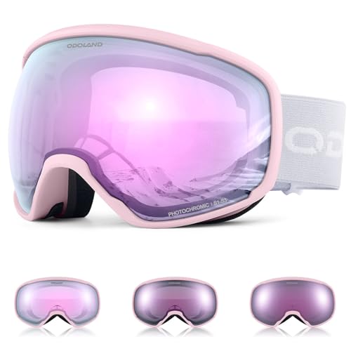 Odoland Photochromic Ski Goggles for Sunny and Cloudy Days, Anti-Fog OTG UV Protection Snowboard Goggles for Men Women Youth Pink S1 - S3 (Vlt 52%--17%)