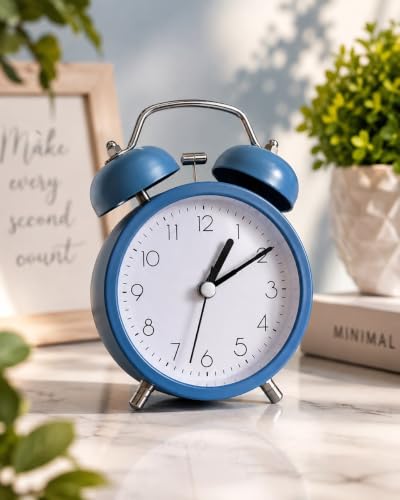 Image of Classic Twin Bell Analog Alarm Clock Retro Metal Table Clock with Night Light and Loud Mechanical Ringer for Bedroom Office and Heavy Sleepers Dark Blue