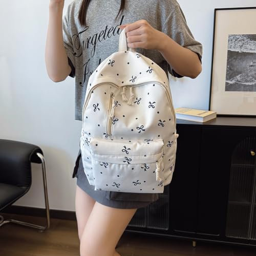 Bow Backpack for Women Aesthetic Travel Daypack for Women Bow Rucksack 3Pcs Set Kawaii Coquette Nylon Rucksack3