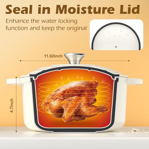 Umite Chef Enameled Cast Iron Dutch Oven-7QT Pot with Lid Cookbook & Cotton, Heavy-Duty Cookware for for Bread Baking, Braising, Stews, Marinate, Cook(Cream White) - Image 2