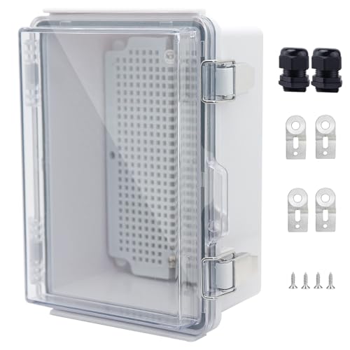 IP67 Waterproof Junction Box, ABS Plastic Electrical Enclosure with Stainless Steel Latch, Hinged Cover Electric Box with Mounting Plate, Wall Brackets &amp; Cable Glands 175x125x90
