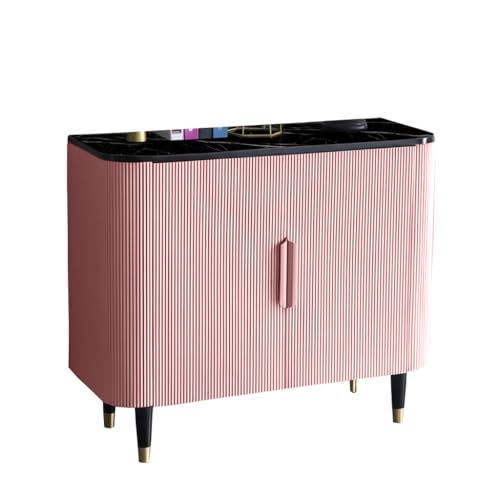 Image of Boston Console Table, Black Marble Top, Charcoal Louvers, Golden Accents, 36x15x30 Inch, Waterproof Plywood, 3-Shelf Storage Cabinet, Elegant Entryway or Living Room Display Table (Pink)