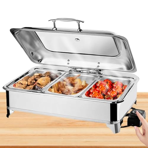 BOVDC Chafing Dish Elettrico, 9L Scaldavivande Elettrico per Buffet Acciaio Inox, Chafing Dish Buffet Elettrico Temperatura Regolabile con Coperchio Visibile(A, 1/3 PAN)