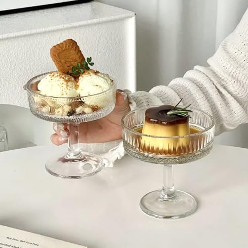 Image of PrimeWorld Stemmed Fluted Glass Dessert Bowls Set of 6 (200ml) | Vintage Ribbed Coupe Glasses for Ice Cream, Panna Cotta, Mousse & Cocktails | Elegant Serving Cups
