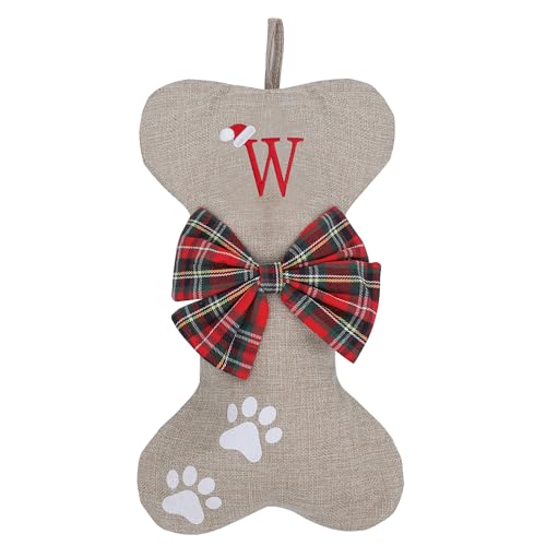 AUAWMLK Personalized 15in Letter Christmas Stocking Linen Style Bone Shaped Xmas Decorations for Pet Dogs(Letter W)