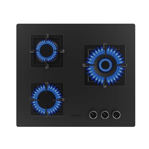 Cecotec Placa de Gas 3 Fuegos para Gas Natural y Butano Bolero Squad G 3800S Eternal Nano Glass. 10,35kW, Cristal Negro Mate, Parrillas Individuales de Hierro Fundido, Quemador Eternal con Soporte WOK
