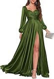 Satin Olive Green Bridesmaid Dresses with Sleeves Long Prom Dress Ball Gown A Line Formal Wedding Evening Gowns UK12