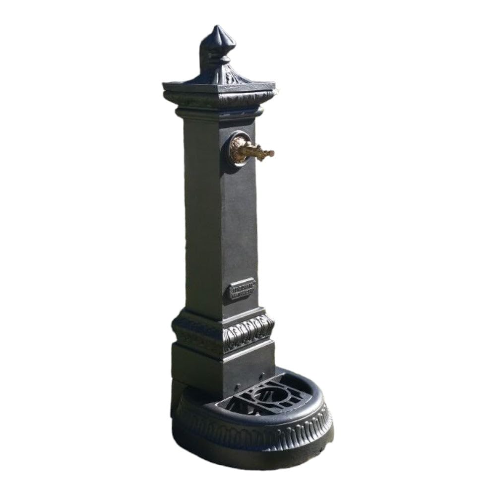 Fontana Da Pavimento in Ghisa Antracite Da Esterno per Giardino, Adatta Agli Agenti Atmosferici, Dimensioni 41x37xH100 Cm, Colore Antracite, Senza Rubinetto