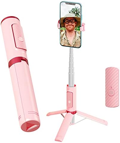 COLORLIZARD Selfie Stick Tripod, Foldable Cellphone Tripod with Remote, Travel Tripod for iPhone Series Android, Video Recording - Pink