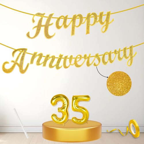 Image of Flyloons 35th Happy Anniversary Banner Gold Decorations Kit for Men Women Wedding Anniversary Banner Items without Balloons