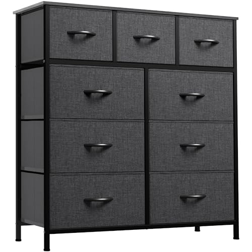 YITAHOME 9 Drawers Fabric Dresser - Storage Tower Organizer Unit for Living Room, Closets - Sturdy Steel Frame, Wooden Top & Easy Pull Fabric Bins Black Gray 11.8"D x 39.4"W x 39.4"H (9 Draw