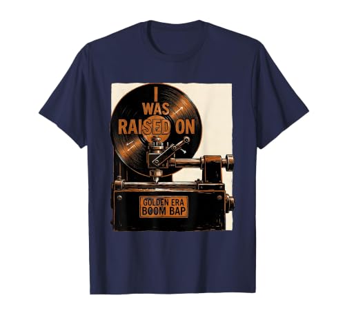 I Was Raised On Golden Era Boom Bap Retro Hip Hop Lyric T-Shirt, Men, Navy Blue, X-Large