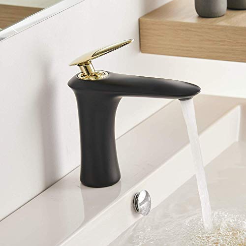 Bathroom Faucet Solid Brass Single Handle Modern Bathroom Sink Faucets Lavatory Vanity Basin Mixer Taps Single Hole,Matte Black Body with Polished Gold Handle,SHUNLI