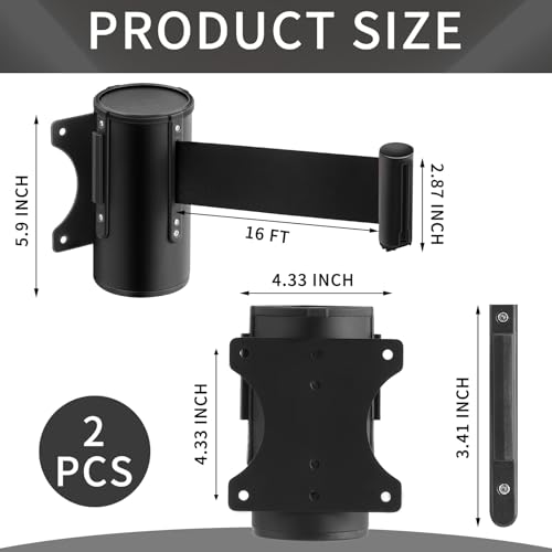 Landical 2 Pcs 16ft Wall Mount Retractable Barrier Belt Fixed Safety Belt Barrier Rope with Braking System Locking Button for Crowd Control Parking, Black - Thumbnail 2
