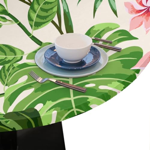 Pardick Tropical Palm Leaf Round Fitted Tablecloth with Elastic Edge Summer Flower Small Round Table Cover Wipeable Circle Table Cloths for Outdoor Party Patio Kitchen Decor Fit for 40"-44" by Pardick - Image 6