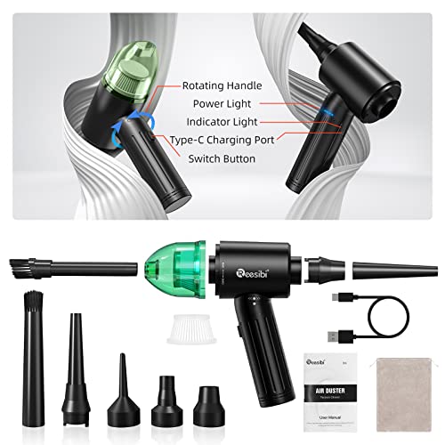 Reesibi 【Neues Upgrade Bürstenloser Motor】 4 in 1 Elektrische 130000U/min Staubgebläse und 12Kpa Staubsauger, Kühlkörper-Design, Leistungsanzeige, 3-Gang, 90W, Smart Chip, 7500mAh, 15W Schnellladung