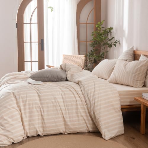 Image of BESTOUCH Striped Cotton Duvet Cover Set Linen Feel Alaska King | 100% Washed Cotton, Soft Wrinkle Texture, Hidden Zipper, 8 Ties, Breathable Lightweight Durable Comfy, 3 Pcs No Insert