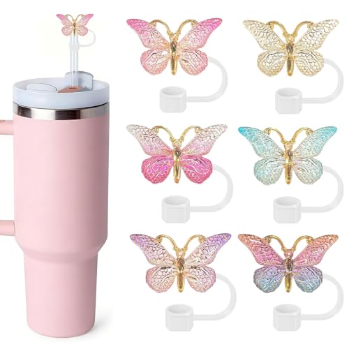Floruvia 6 Stück Schmetterlings Strohhalm-Abdeckungen Glitzer Silikon Strohhalm Kappen Wiederverwendbare Tumbler Zubehör Staubdichte Trinkhalm Dispenser Kappen