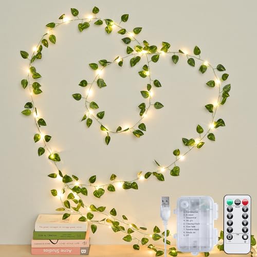 JMEXSUSS 33 FT 100 LED Vines with Lights USB/Battery Operated, Pothos Vines with Fairy Lights with Remote, Leaf String Lights for Room Bedroom Wall Dorm Wedding Decoration(Warm White)