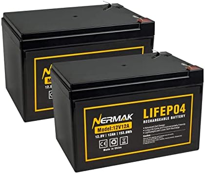 Nermak 2 Pack 12V 12Ah LiFePO4 Deep Cycle Battery, 2000+ Cycles Lithium Iron Phosphate Rechargeable Battery for Solar Power,UPS,Lighting, Power Wheels, Fish Finder, Scooters and More, Built-in 12A BMS