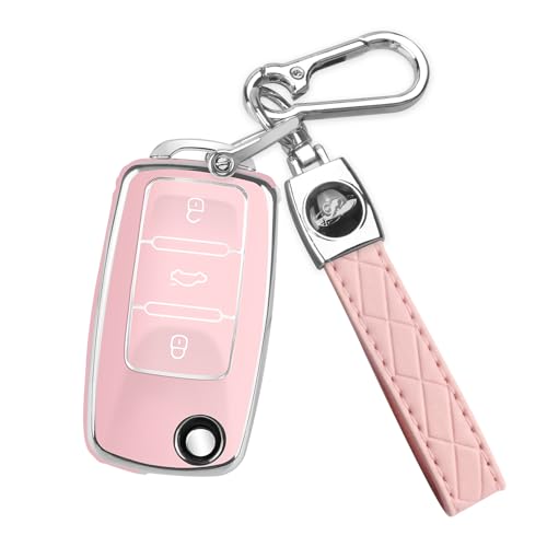 MILD EAST for VW Car Key Fob Cover with Keychain Soft TPU Car Key Case Shell for Volkswagen Beetle Gti Jetta Passat Tiguan (pink)