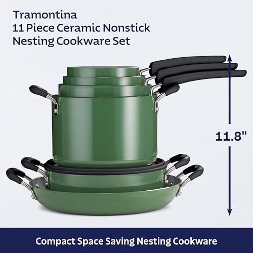 Image of Tramontina Ceramic Non Stick 11-Piece Nesting Pots and Pans Set - Green