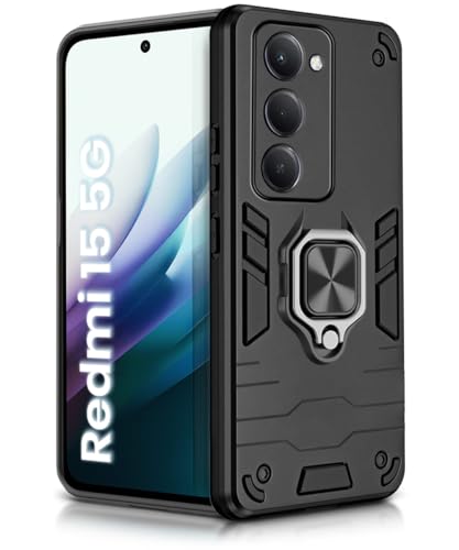 Image of WOW IMAGINE Shock Proof Back Case Mobile Cover for Mi Redmi 15 5G | Back Cover Case (Tough Armor | Hybrid PC + TPU | Ring Holder & in-Built Kickstand | Black)
