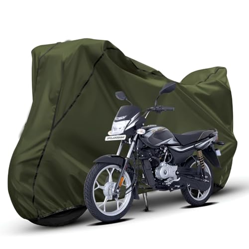 Image of Waterproof Bike Body Cover Compatible with Bajaj Platina Dustproof Scratchproof - Motorcycle Cover for Two Wheeler, Outdoor Full Cover with UV, Duty, Rain Protection (Olive with Black)