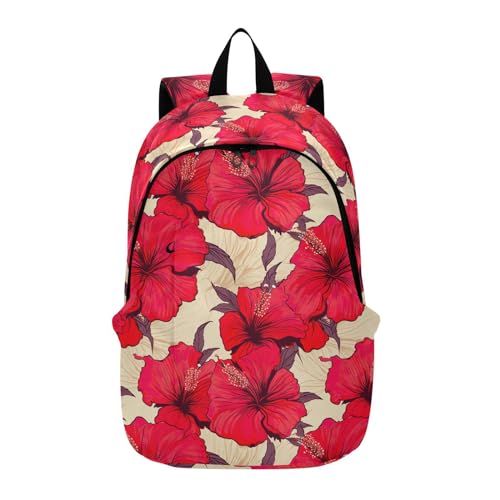 MCHIVER Travel Backpack Red Hibiscus Floral Flower Casual Daypack Backpacks Lightweight Carry on Bag Water Resistant Hiking Backpack for Men and Women