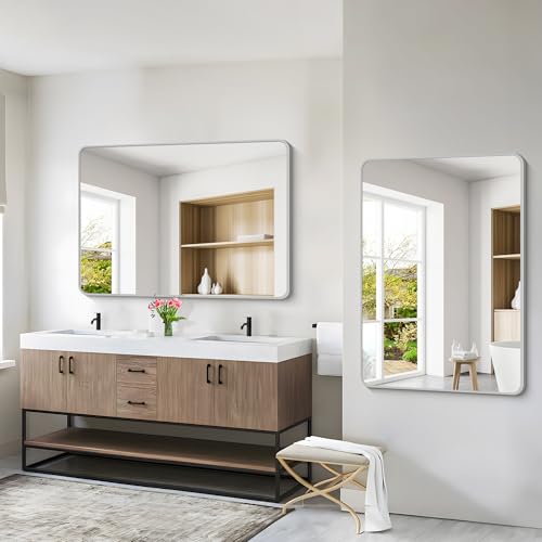 Image of 48x36 Inch Silver Bathroom Mirror, Large Rectangular Vanity Mirror, Metal Framed Rectangle Mirrors, Rounded Corner Wall Mounted Mirrors for Living Room Bedroom Entryway Horizontal or Vertical