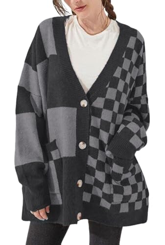 CHARTOU Women Slouchy Checkered Cardigan Oversized Open Front Cardigan Sweater Plaid Knit Outwear Coat