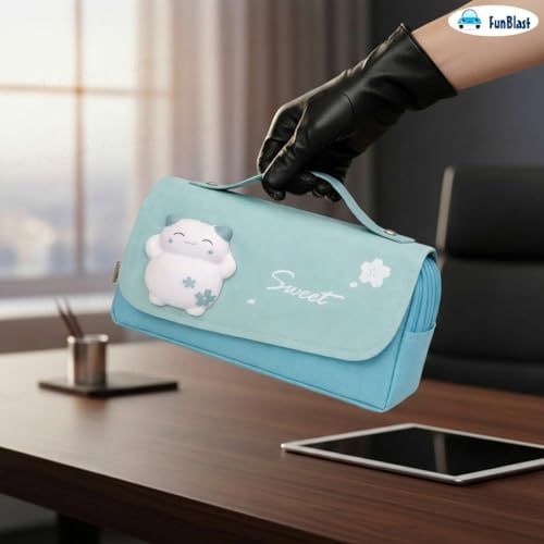 Image of FunBlast Multi-Purpose Pouch - Double Compartment Large Capacity Pouch - Happy Planet Zipper Pencil Case for Kids, Pencil Box for Kids, Stationary Pouch for Students School Supplies (Sky Blue-A)
