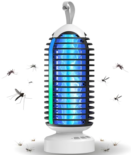 Dnenellr Lámpara Antimosquitos Exterior 4 en 1 para Aedes, 4000mAh Mata Mosquitos Eléctrico Recargable USB, 3000V, IPX5 Impermeable, Matamoscas Electrico para Balcón, Camping, Interiores y Exteriores