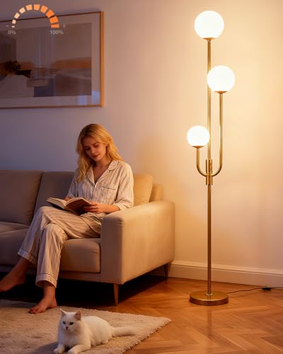Image of Lightdot 66IN Gold Globe Floor Lamp 3-Lights Vintage Gold Dimmble Floor Lamps with Bulbs Included for Wedding Party Modern Tall Standing Lamp with 5Lbs Heavy Base for Living Room /Bedroom /Sofa Beside