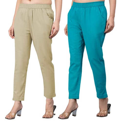 Image of Regular Fit Fully Elastic Waist Ankle Length Premium Cotton Casual Trouser Pant (Combo Pack of 2)
