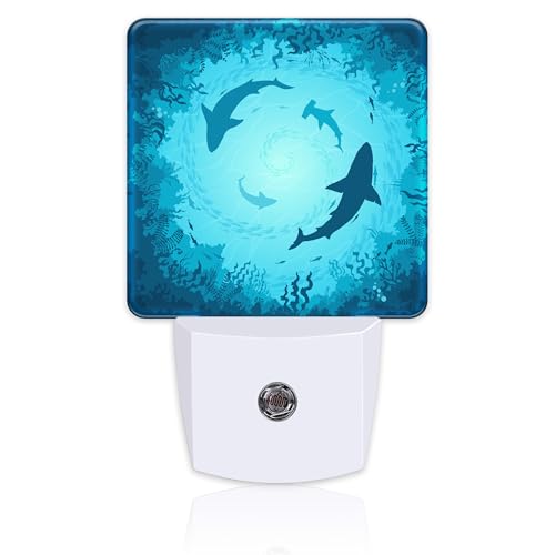 Image of Blue Sharks and Corals Underwater World Fish Marine Lifes Dusk to Dawn Night Light Plug in, 0.5w Energy Saving Sleep Friendly NightLight for Kids Boys Girls Home Decor