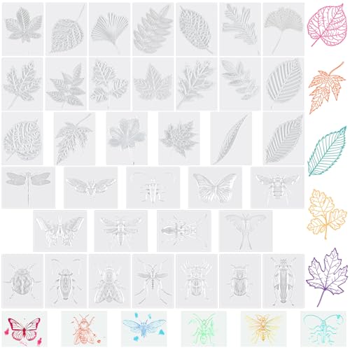 Glenmal 36 Pcs Rubbing Plates Set Include 20 Leaf Rubbing Plates 16 Insect Texture Plate 3.94 x 5.12 Inches Texture Art Supplies for Home Classroom Art