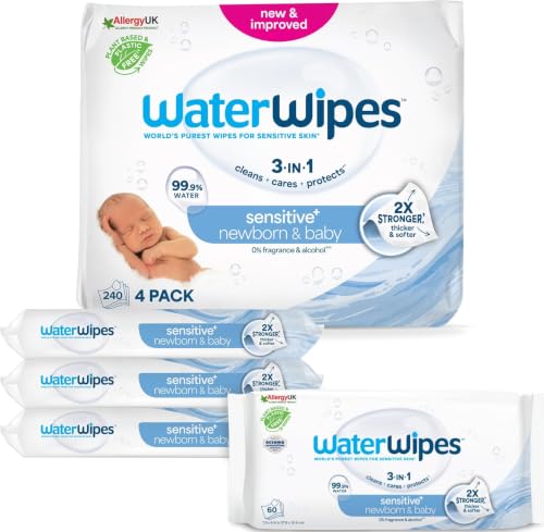 WaterWipes Sensitive+ Newborn & Baby Wipes, Lingettes Pour Nouveau-Nés et Bébés, 240 unités (4 paquets), 3-en-1 nettoie, soigne, protège, 99,9% d'eau, non parfumées