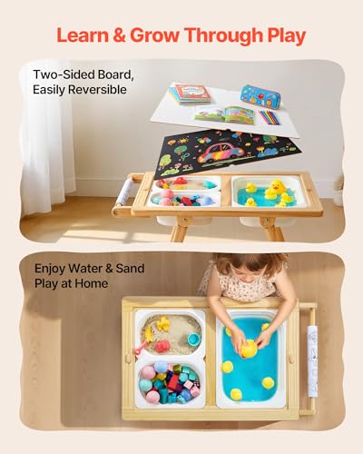 Image of VEVOR Sensory Table for Toddlers, Wooden Kids Activity Table and Art Easel with Reversible Double-Sided Board, Storage Bins, for Boys and Girls Playing Sand and Water, Drawing, Studying, Dining
