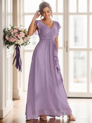 Women's Ruffle Sleeve Bridesmaid Dresses for Wedding A Line Chiffon Pleated Formal Dress4