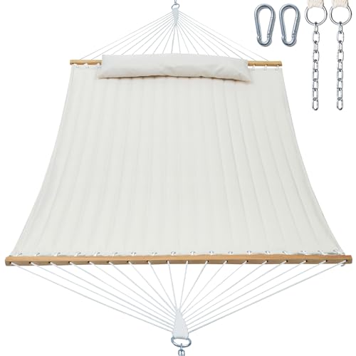 Image of GAFETE Hammock 2 Person Quilted Fabric Hammocks for Outside, Double 12ft Hammocks with Spreader Bar, Large Removable Pillow, Storage Bag, Carabiners, Max 475 lbs Capacity (Dune Beige)