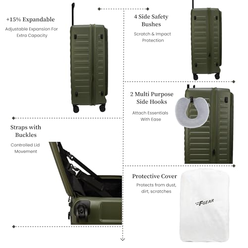 Image of F Gear Sedona Medium 65cm German Polycarbonate Hard Luggage|8 Japanese Hinomoto Silent Wheels |Expandable Check-in Front Opening Suitcase for Travel| Anti-Theft Zipper, TSA 007 Lock (Army Green)